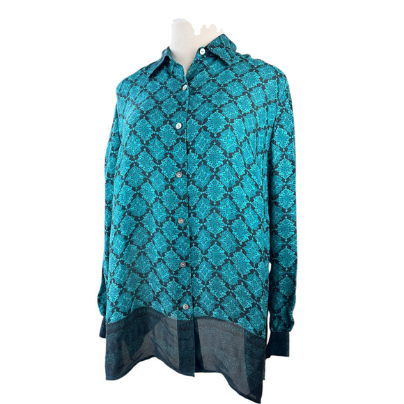 NWT Valerie Stevens Silk Blouse Blue & Black Printed Button Up Top Plus Size 22W - Picture 5 of 8
